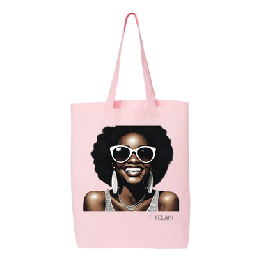 Hi There! Gusseted tote bag featuring an illustration of a beautiful woman with sunglasses and an afro.